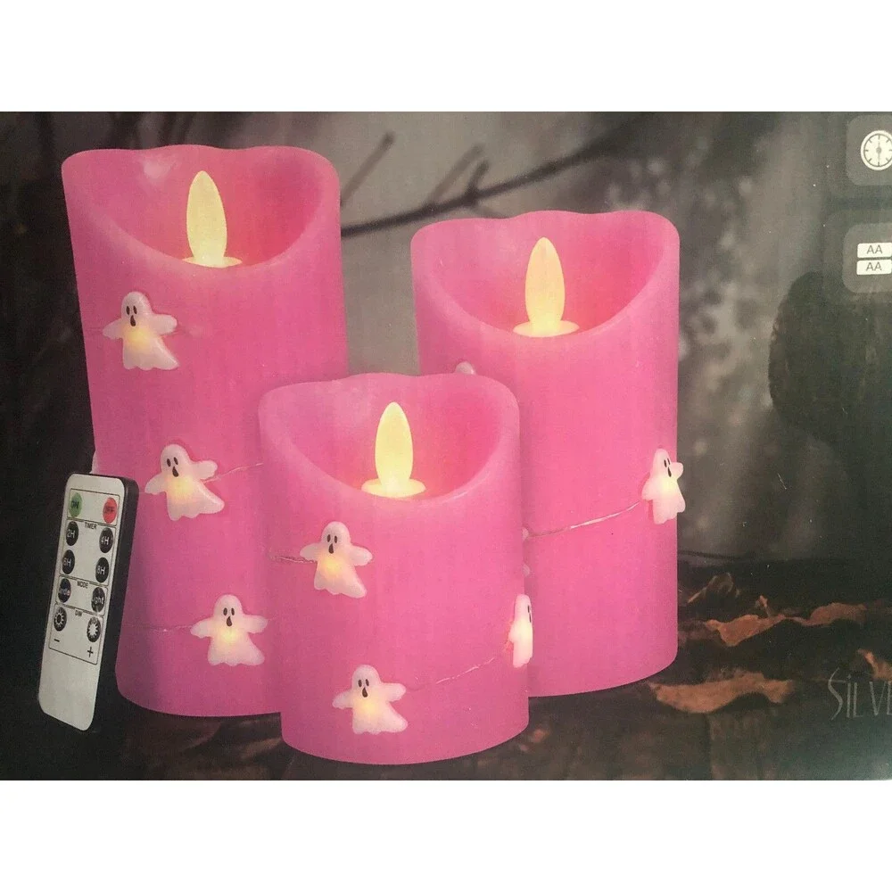 Silverstro Halloween Flameless Real Wax Candles Remote Pink Ghosts Set of 3